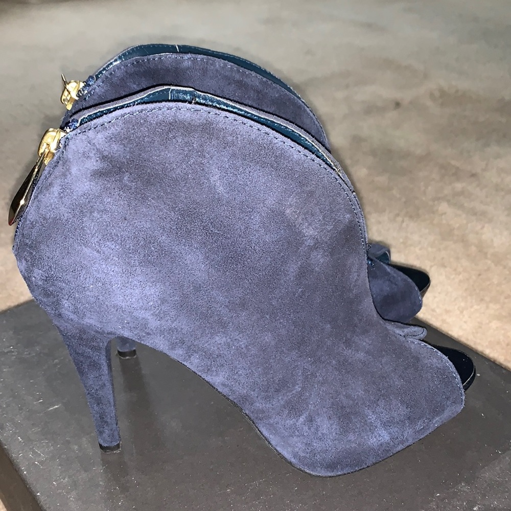 Blue suede peep toe booties by Bata size 37.